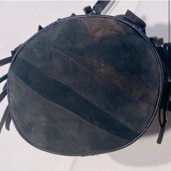 Vintage Leather Patchwork Black Brown Colour Block Bucket Bag Purse With Fringe - Picture 3 of 12